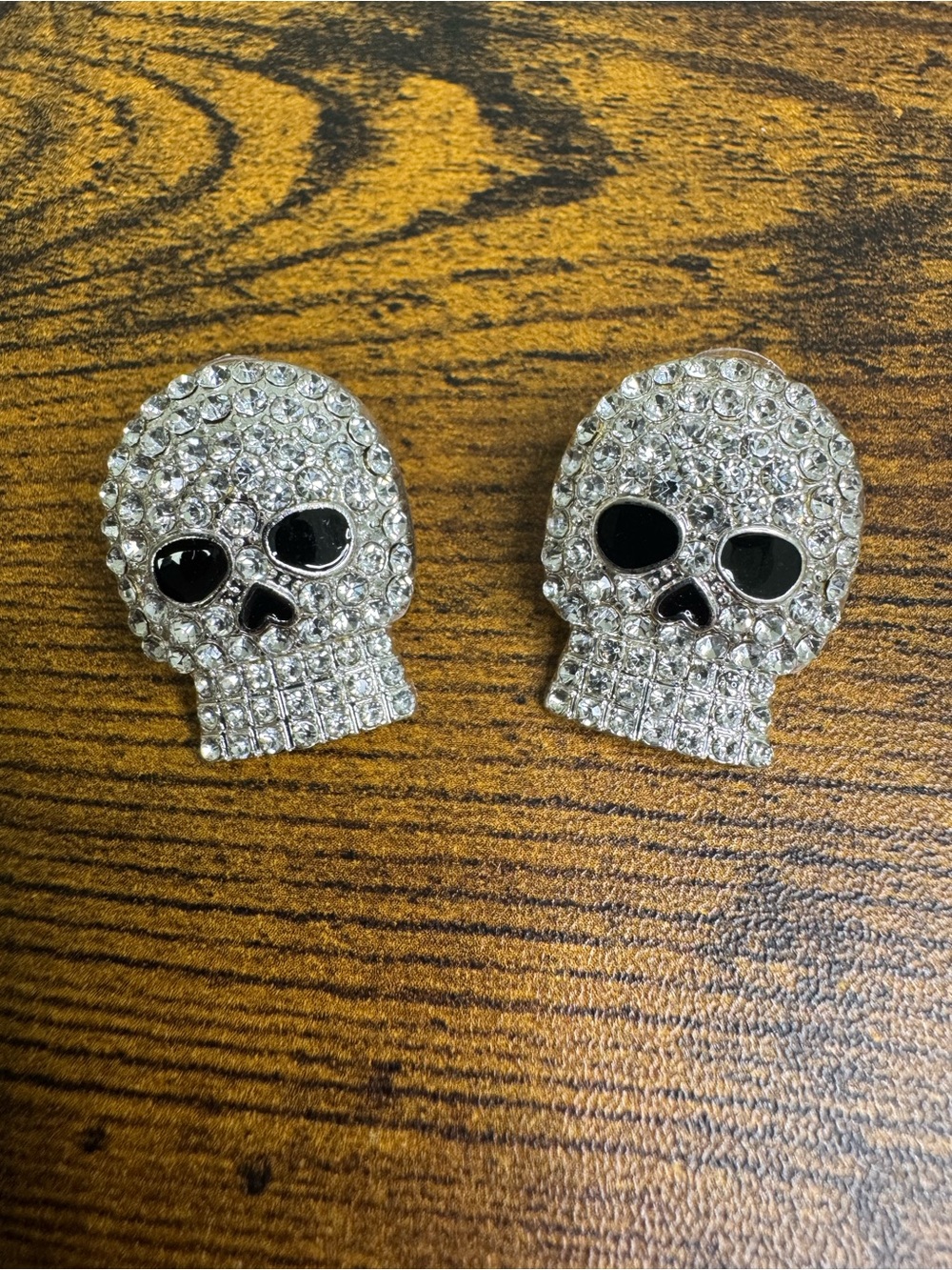 4/$20 Crystal Skull Stud Earrings - Silver Rhinestone with Black Eyes